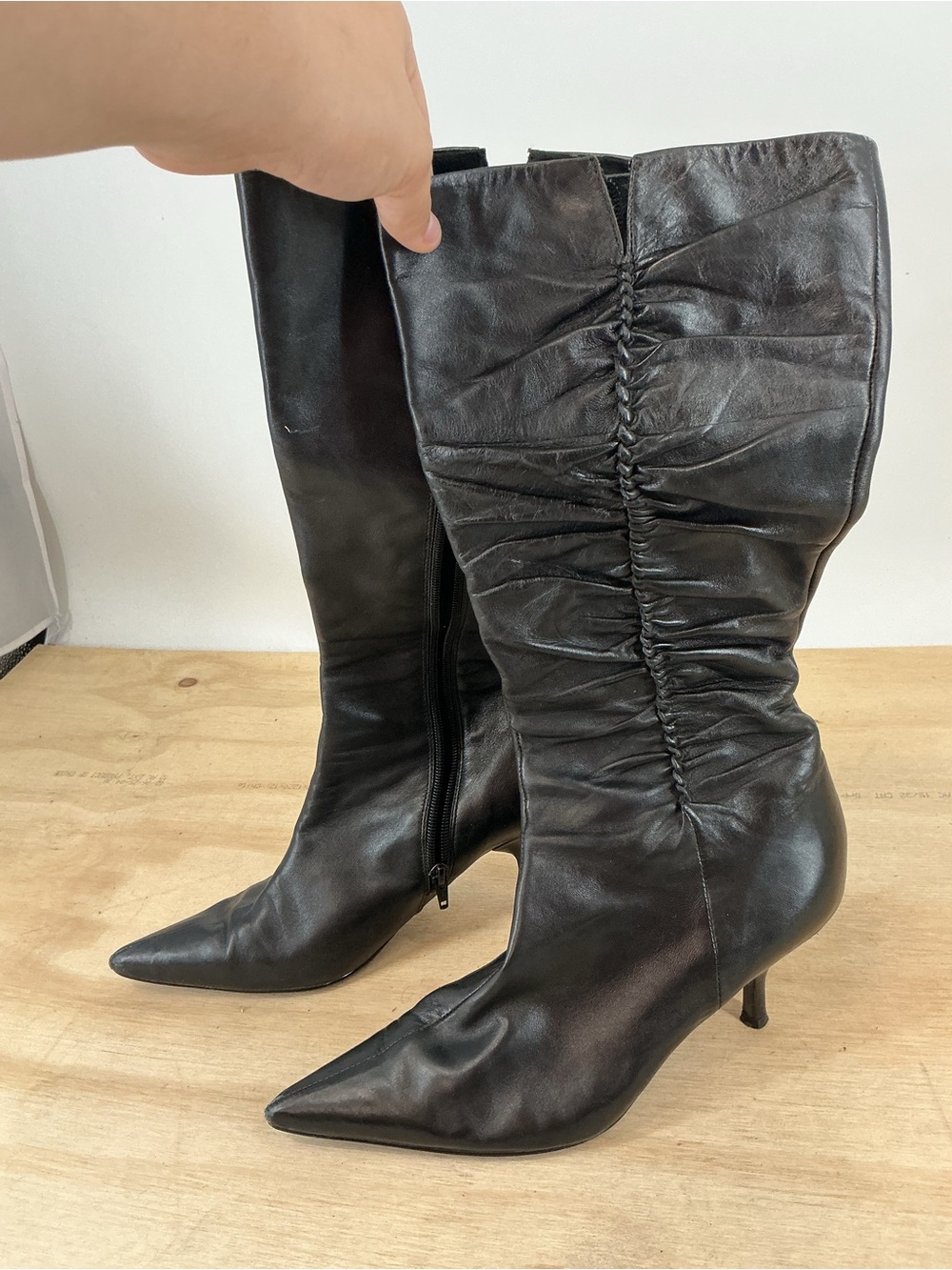 BCBG Paris Black Ruched Leather Knee Boots with Pointed Toe Size 9.5